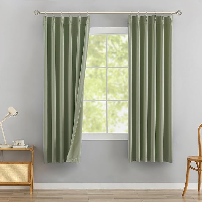 DONREN Sage Green Pinch Pleated Blackout Curtains with Hooks - 63 inch Length Room Darkening Thermal Insulated Short Window Curtain Panels for Bathroom Kids Room 2 Panel 40" Wx63 L