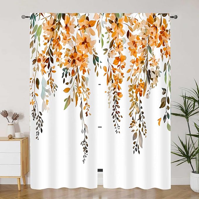 Orange Watercolor Floral Curtains, Botanical Leaves Vine Flowers Curtain, Rustic Farmhouse Flower Leaf Blackout Window Treatment Drapes for Bedroom Living Room 52x72 inch, 2 Panels