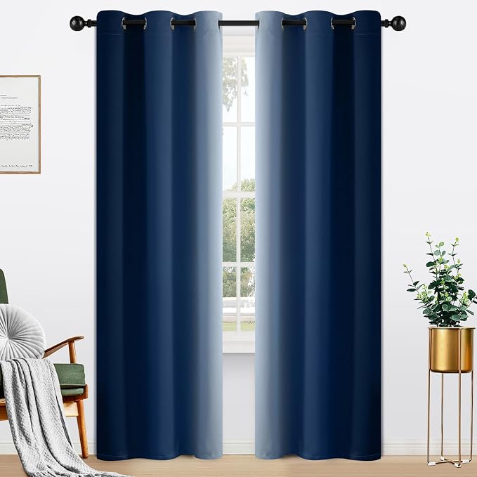 Yakamok Light Blocking Ombre Curtains, Greyish White and Blue Gradient Color Curtains, Room Darkening Grommet Window Drapes for Bedroom(Blue, 42x84 Inch, 2 Panels) | Room Darkening Curtains 84,Thermal Insulated Gradient Color Drape,Light Blocking Gromm...