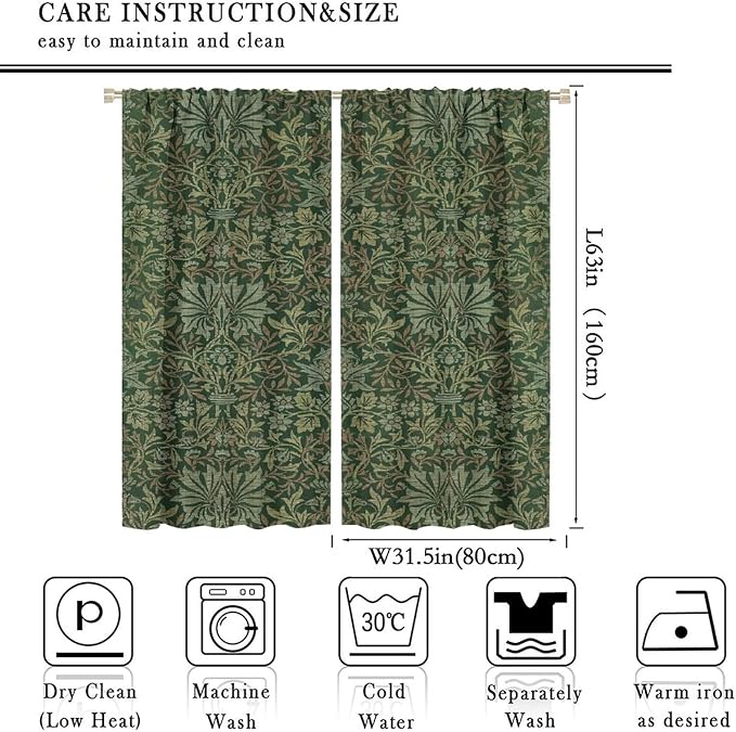 Bohemia Art Blackout Window Curtains, William Morris Original Design Green Garden Vintage Curtains, for Living Room Bedroom 31.5(W)*63(L) 2 Panels