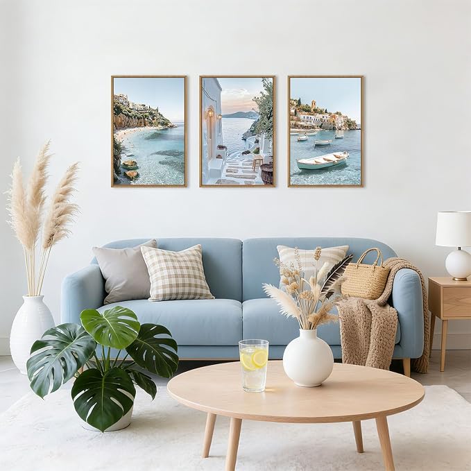 Greek Island Coastal Framed Canvas Wall Art Set,Modern Mediterranean Whitewashed Architecture Scenery Wall Decor,Natural Blue Beach Boat Landscape Artwork for Living Room,Farmhouse- 16"x24"x3