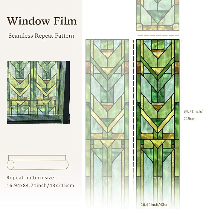 Faux Stained Glass Effect Transparent Window Film, Original Hand Drawn Static Cling Home Decal Inspired by Frank Lloyd Wright, 16.93" x84.65" Martin House, Green