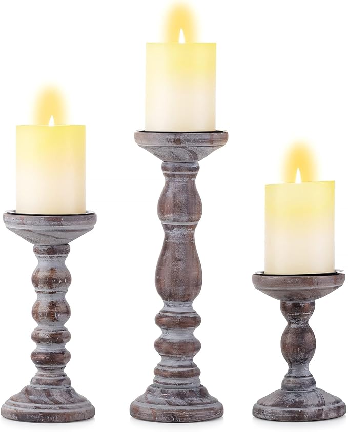 Wooden Pillar Candle Holder: Rustic Brown Candle Stand Wood Distressed Candleholders Farmhouse Fall Decor for Christmas Fireplace Mantle Dining Table Living Room Shelf Set of 3
