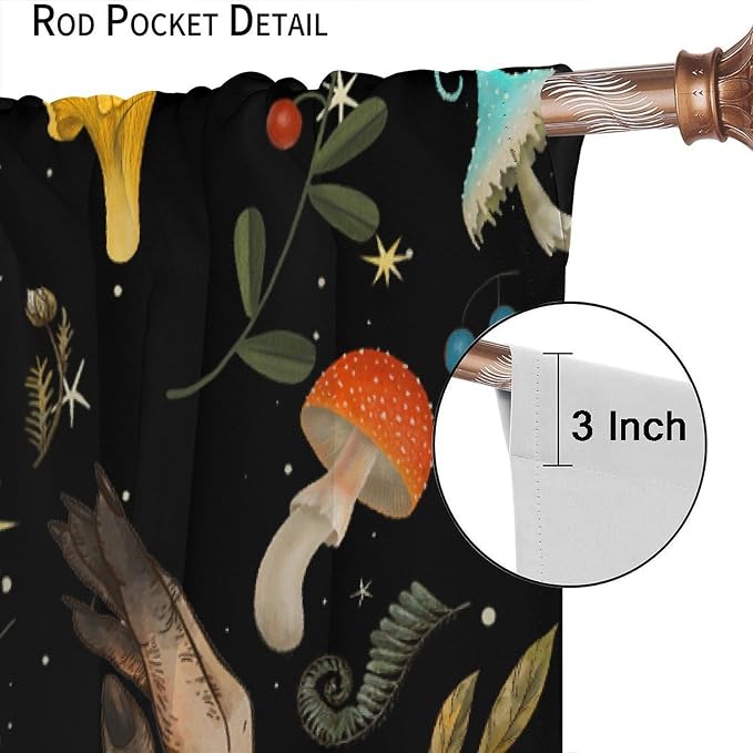 Retro Mushroom Curtains, Boho Rustic Vintage Botanical Mushroom Gothic Witch Wildflower Plant Print Blackout Window Treatments for Living Room Bedroom Kitchen 55x63in