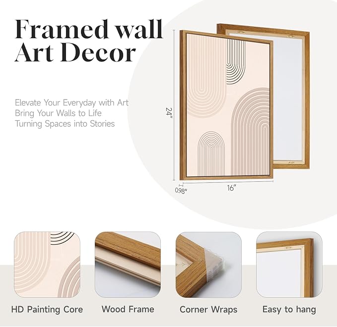 3 Piece Framed Neutral Boho Wall Art for Living Room, Large Minimalist Abstract Canvas Artwork for Walls, Mid Century Modern Beige Geometric Prints Paintings for Bedroom Hallway Wall Decor 16x24 Inch