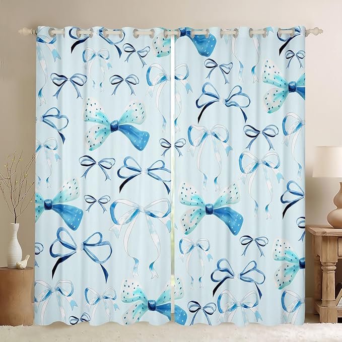 Feelyou Bow Room Darkening Blackout Curtain Boys Girls (2 Panels, 52 x 96 Inch) Cute Bowknot Curtains for Bedroom Living Room Blue Girls Bow Blackout Curtains Kawaii Window Treatments