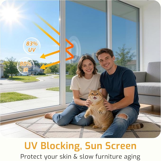 LUTE One Way Window Privacy Film, Window Tint for Home, Sun Blocking UV Heat Blocker, See Out Not in Reflective Mirror Film, Removable Static Cling Glass Door Coverings, Silver, 35.4" x 78.7"