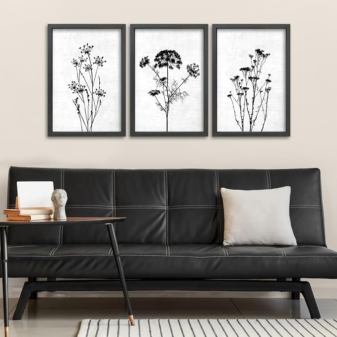 TQianJiang Flower Plant Wall Decor 16"x11" Black And White Botanical Painting Wood Framed Set of 3 Bedroom Office Abstract Wildflower Sign Hanging Art (Black)