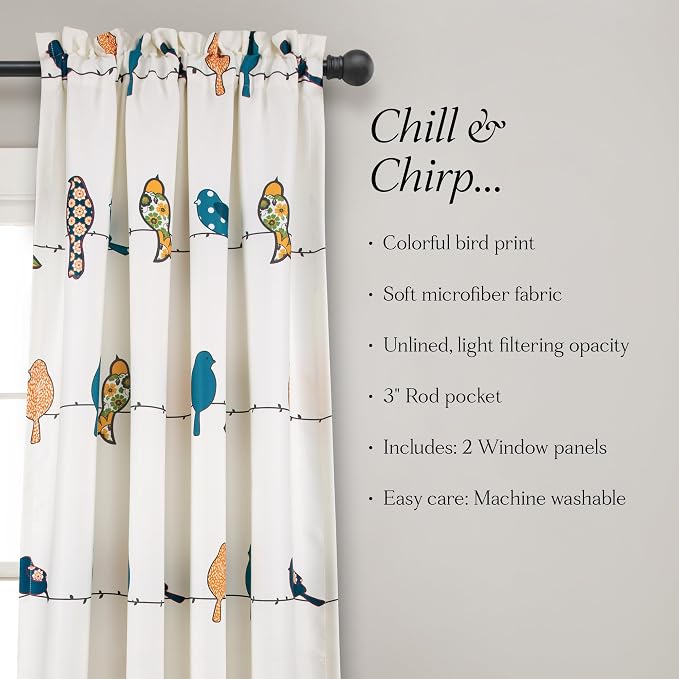 Lush Decor Rowley Birds Light Filtering Window Curtain Panels, Pair, 52" W x 95" L, Multi - Colorful Floral Print - Whimsical & Playful Bird Curtains For Bedroom, Living Room, Or Dining Room