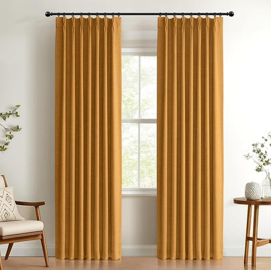 100% Blackout Shield Linen Look Textured Pinch Pleated Curtains Blackout Drapes 90 Inch Long 2 Panels Set, Faux Linen Blackout Curtains for Bedroom & Living Room, 40" W x 90" L, Mustard Yellow