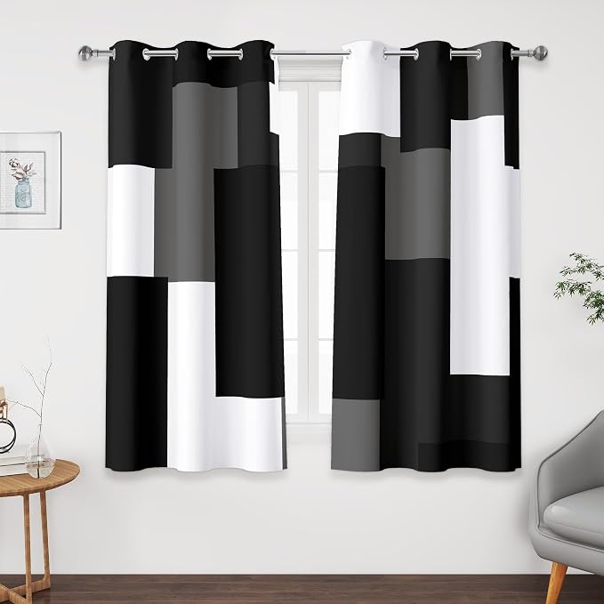 Tyrot Black Grey Short Blackout Curtains 45 inch Length 2 Panels Set White Grey Modern Abstract Geometric Drapes for Kitchen Black Out Curtains Insulated Room Darkening Small Window Curtains, 42Wx45L