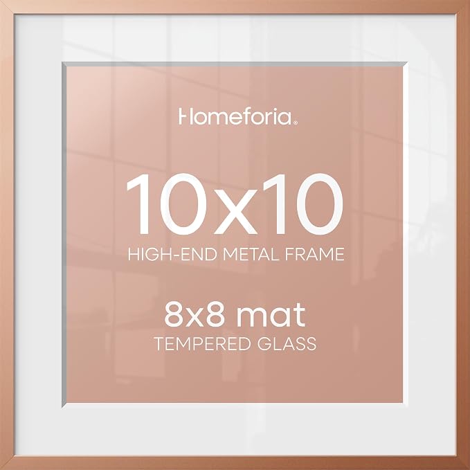Homeforia 10x10 Picture Frame Rose Gold, High End Metal 10 by 10 Square Frames with Mat 8 x 8 Photo, 10by10 Poster Frame Matted to 8x8 Print, Wall or Tabletop Frame, Tempered Glass, Wall Kit, Set of 1