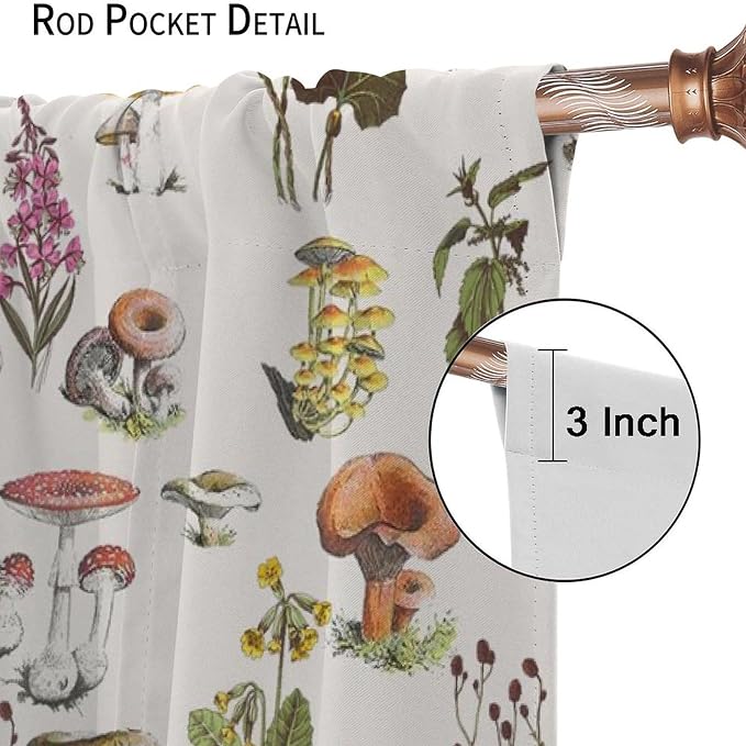 Vintage Botanical Curtains, Rustic Plants Herbs Mushroom Nature Wildflower Print Blackout Window Treatments for Living Room Bedroom Kitchen 55x63in