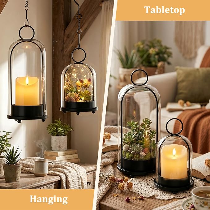 Brass Hurricane Handmade Sturdy Glass Dome Candle Holders with Glass Cover, Set of 2 Flameless Battery Operated LED Pillar Candles and Remote, Elegant Cloche Lantern for Modern Table Centerpiece