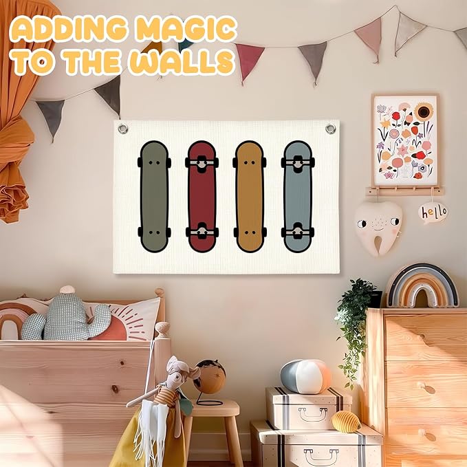 Boys Room Decor, Skateboard Sports Nursery Wall Hanging Canvas Banner Prints, Colorful Skateboard Wall Art Decor for Kids Boys Nursery Toddler Room Bedroom Playroom, 30x20 Inch