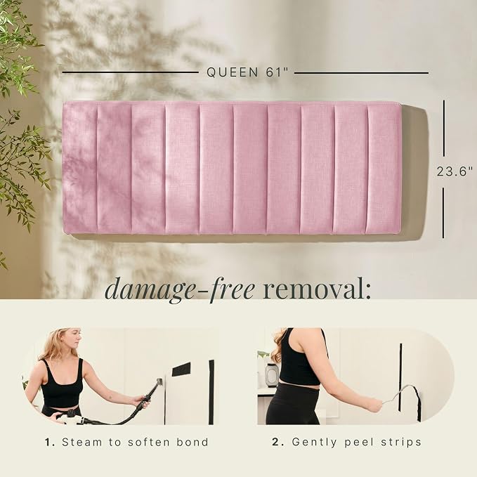 Hearth & Harbor Upholstered Queen Headboard - Easy Assemble Channel Stitched Headboard Queen Size - Wall Mounted Headboards with 3D Soundproof Wall Panels Peel & Stick Floating Headboards, Pink