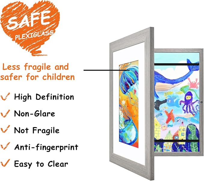 KINLINK 8.5x11 Kids Art Frame 2 Pack, Solid Wood Artwork Frames Changeable, Front Opening Hold 150 Pictures, Art Frames for Kids Artwork, 6x9 with Mat 8.5x11 without Mat, Picture Frames Grey