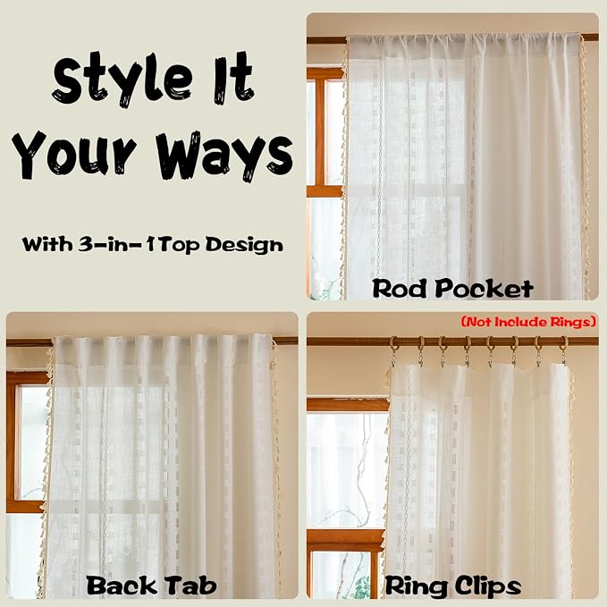 90 Inches Boho Curtains for Livingroom bedroom, Bohemian Semi Sheer Drapes, Farmhouse Privacy Tassels Vintage Chic Drape Embroidery Window Treatment Decor,Back Tab & Rod pocket Ivory White，2 Panels
