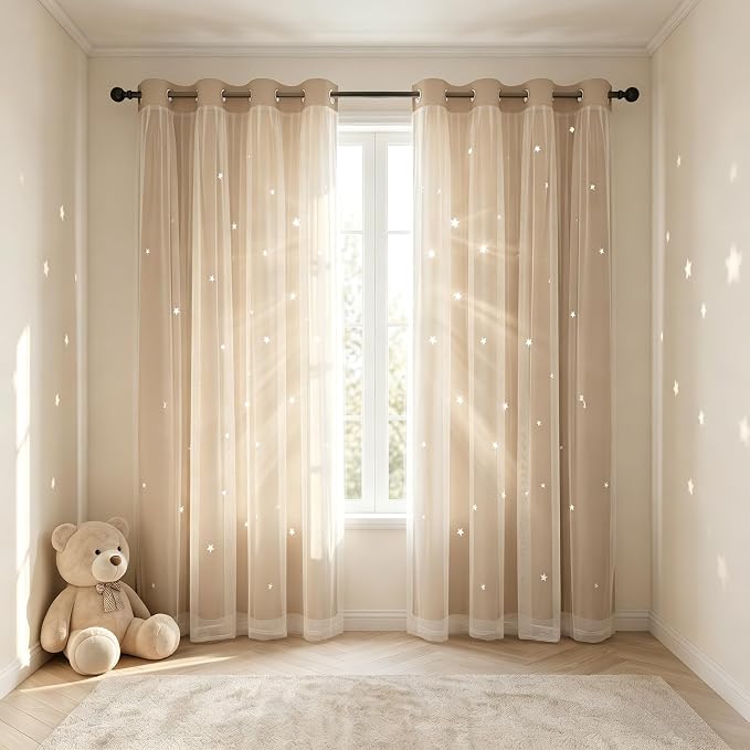 Kids Blackout Curtains for Bedroom/Living Room/Classroom, Sheer Overlay 84 Inches 2 Panel Set, Double Layer Curtains with Star Cutout for Kids Room(W 52 x L 84 Inches,Beige 2 Pcs)