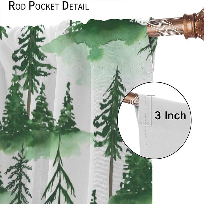 Watercolor Forest Curtains, Green Nature Cartoon Mountains Misty Forest Plants Trees Window Treatments Drapes for Kids Boys Girls Living Room Bedroom Nursery 42x45in（No Blackout）