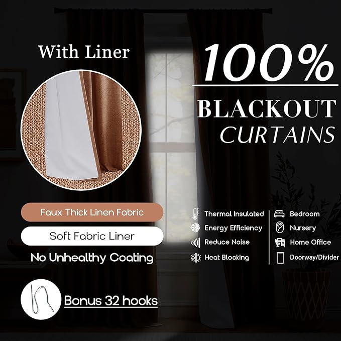 Solid Terracotta Color Linen Blackout Curtains 96 Inch Long, Vintage Country & Retro Mid Century Modern Drapes for for Bedroom Living Room, 2 Panel Set
