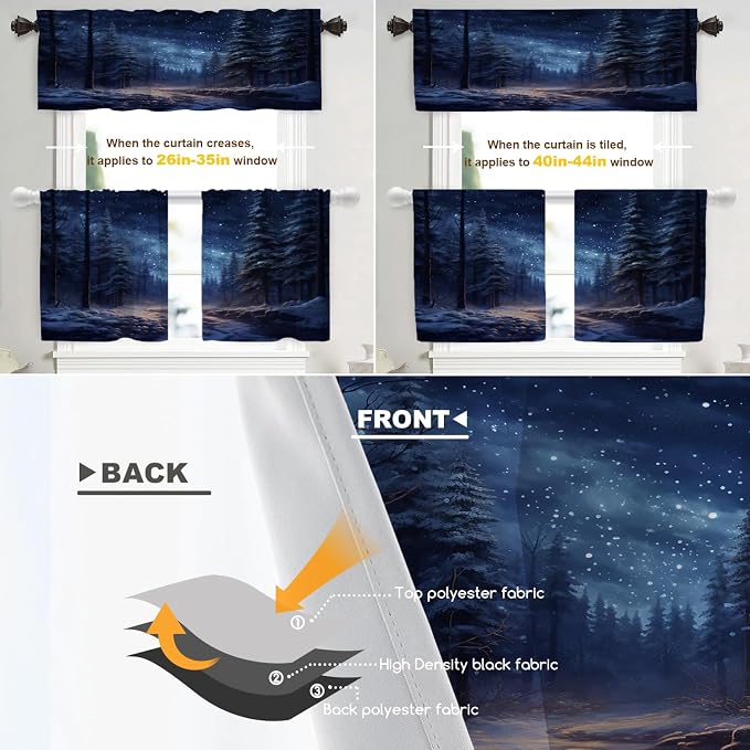 Shrahala Winter New Year Blackout Curtain Tiers, Stars Forests Snow Night Kitchen Valance Light Blocking Tier Drapes with Rod Pocket, 2 Pack 26 X 24 in