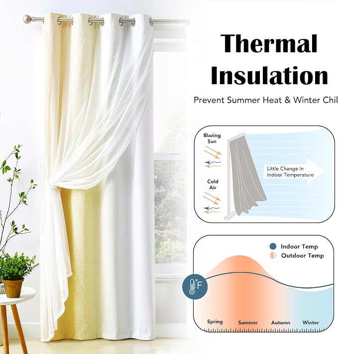 Ombre 100% Blackout Curtains 84 Inches Long 2 Panels for Bedroom Living Room Yellow and White Double Layer Sheer Overlay Mix & Match Grommet Thermal Soundproof Drapes with Tiebacks, 52x84