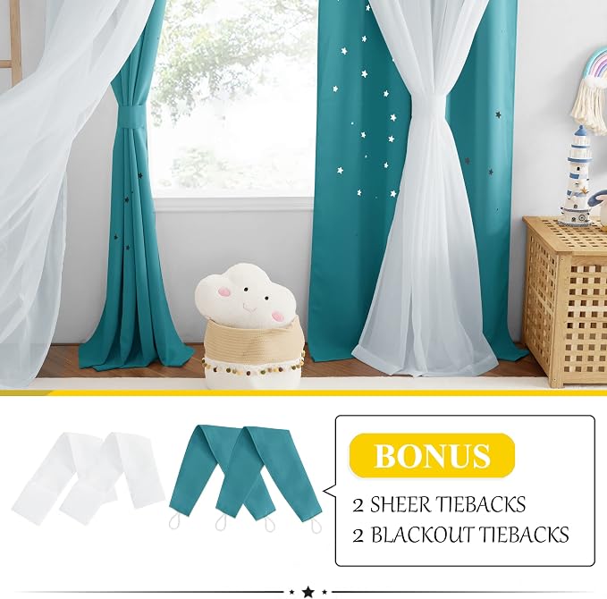 NICETOWN Star Blackout Curtains for Kids Bedroom, Grommet Top Curtains for Nursery Living Room Double Layer Star Cut Out Bedroom Curtains Decor, Set of 2 Panels, 52 x 84 inches, Peacock Teal