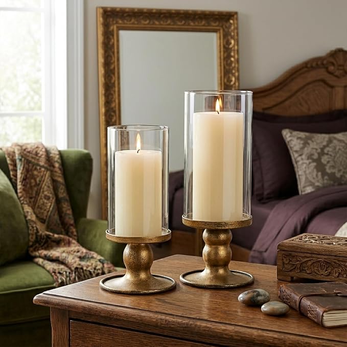 NITIME 2pcs Hurricane Candle Holder for Pillar Candles, Antique Brass Iron Candle Holders with Clear Glass Sleeve for Table Centerpieces, Pillar Candle Holders for Home, Wedding Decor
