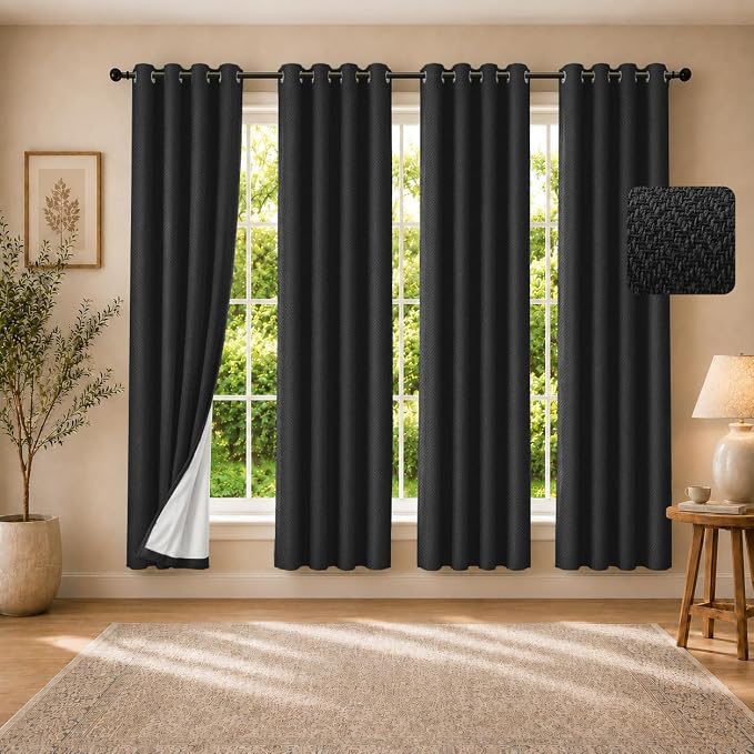 4 Panels 100% Blackout Linen-Textured Curtains, Thick Thermal Insulated Grommet Drapes with Subtle Herringbone Weave, Luxury Decor for Bedroom/Living Room, 54 x 72 Inches, Black