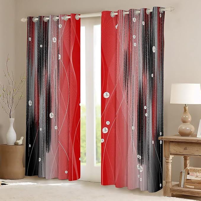 jejeloiu Red and Black Curtains for Bedroom (2 Panels, 42 x 63 Inch) Geometric Strip Lines Blackout Curtains for Adults Pearl Messy Rust Darkening Drapes Gradient Stryle Window Treatments s