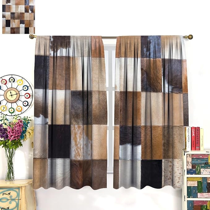 Cowhide Blackout Curtain, Retro Animal Spotted Brown Cow Texture Print Curtains Rod Pocket Window Treatments 2 Panels Drapes for Kitchen Bedroom Living Room Offiec Decor 55" W X 63" L