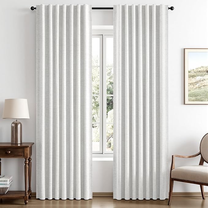MIULEE 100% Blackout Linen Curtains for Bedroom, Heathered White Solid Luxury Decor Thermal Insulation Room Darkening Drapes for Living Room Back Tab Rod Pocket 42 x 84 Inches, 2 Panels