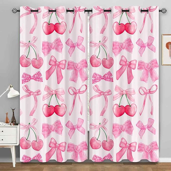 LUVIVIHOME Cute Cherry Blackout Curtains, Pink Bow Curtains for Girls Bedroom Living Room, Aesthetic Bowknot Girly Preppy Coquette Room Decor, Grommet Window Drapes 2 Panel Sets, 52x63 Inch