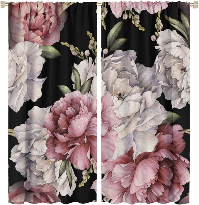 Black Boho Floral Curtain Vintage Watercolor Rose Peony Retro Pink Blossom Flowers Rustic Spring Lea for Home Kitchen Livingroom Coffee Room Curtains Drapes 2 Panels 63x72in, Style-3