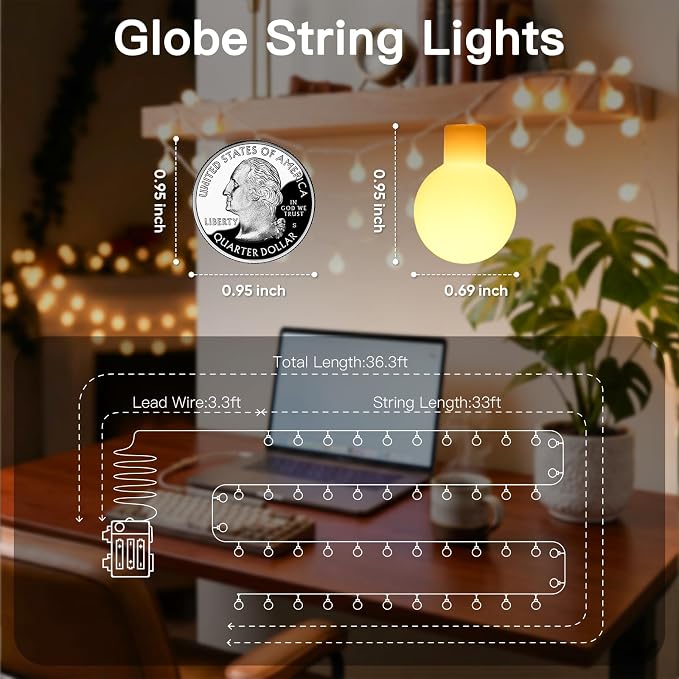 suddus 100 LED Globe String Lights Battery Operated with Remote Warm White | 33FT Hanging Fairy Lights With Timer,String Lights for Bedroom for Bedroom, Dorm, Classroom, Indoor,Outdoor Decor