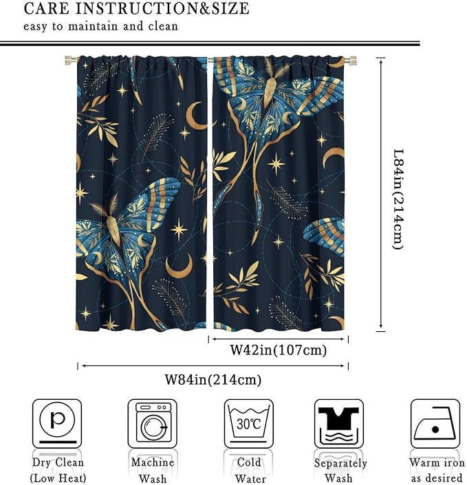 Witchy Curtains, Goth Curtains, Moth Decor, Star Curtains, Moth Curtains Darkening Curtains Botanical Curtains for Bedroom Living Room W84xL84 Inch