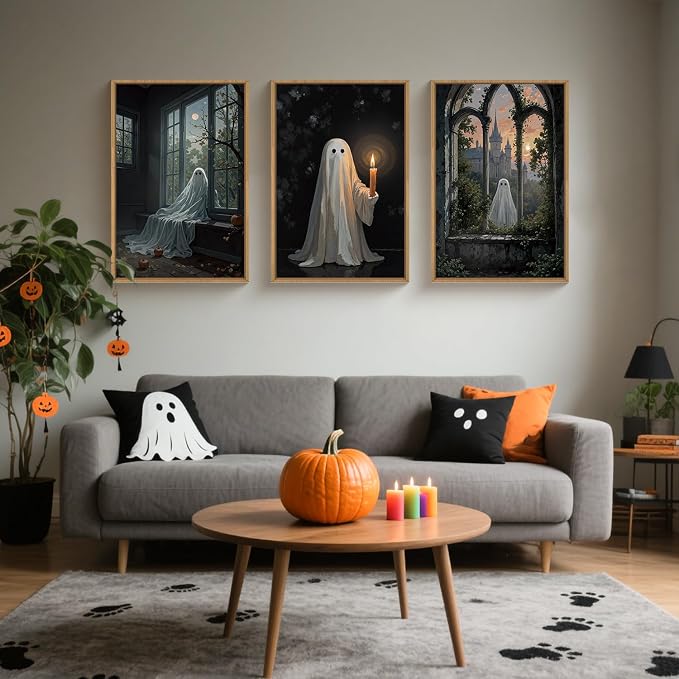 LHIUEM Large Halloween Cute Ghost Framed Canvas Wall Art Set,Vintage Spooky Wall Decor,Retro Dark Prints,Midnight Candle Poster Artwork for Living Room,Bathroom,Dining Room -24"x36"x3
