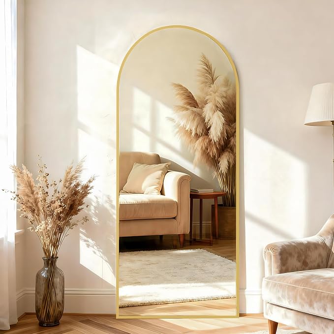 BEAUTYPEAK 65"x24" Full Length Mirror, Arch Full Body Floor Mirror, Wall Mirrors Hanging or Leaning Arched-Top with Stand for Bedroom, Dressing Room, Living Room, Gold