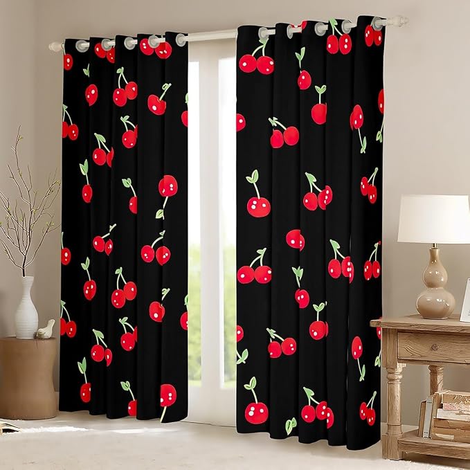 Girls Red Cherry Window Curtains, Kawaii Blackout for Kids Boys Adult Women, Cartoon Fruit Drapes 2 Panels, Cute Cherry for Bedroom Living Room Decor, 42"Wx84"L, Black Red