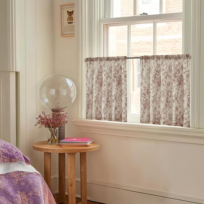 jinchan Floral Linen Tier Curtains Floral Brick Red on Beige Cafe Curtains 24 Inch Length Kitchen Living Room Bedroom Bathroom Farmhouse Rustic Country Rod Pocket 2 Panels