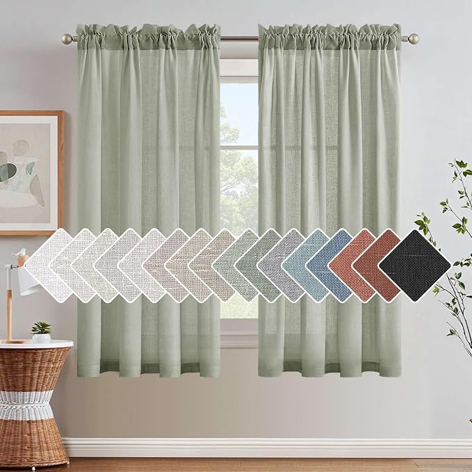 H.VERSAILTEX Linen Curtains Elegant Natural Linen Semi Sheer Curtains Energy Light Filtering Rod Pocket Window Treatments Panels for Living Room (Set of 2, Sea Grass, 52 inch W X 54 inch L)