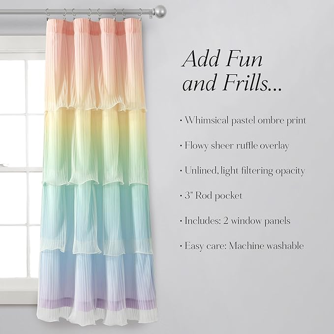 Lush Decor Rainbow Ombre Nerina Light Filtering Window Curtain Panels Pair 36" W x 63" L Rainbow - Rainbow Curtains - for Kids Bedroom - Nursery Decor