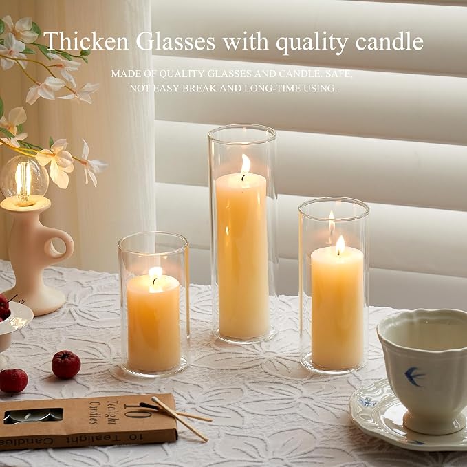 Set of 6 White Pillar Candles with Clear Glass Hurricane Holders- Elegant Cylinder Candle Vases for Weddings, Parties, Centerpieces, Home & Office Decor (Lvory White, 6 Set)