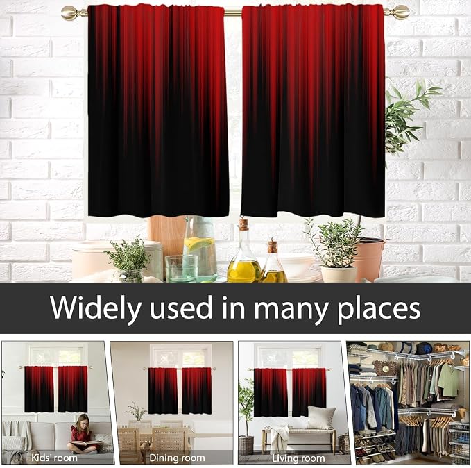 AAtter Red and Black Kitchen Curtains, Gothic 27.5" W x 45" L, 2 Panels | Burgundy Ombre Rod Pocket Bathroom Window Drapes, Dark Modern Abstract Style, Cool Anime Design, Spooky Small Short Tiers
