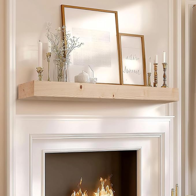 60x7x3 Fireplace Mantel - Solid Rustic Wood Wall Mounted Floating Shelf - DIY Color - with Invisible Heavy Duty Steel Bracket