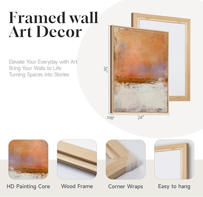 Large Framed Abstract Wall Art for Living Room, Set of 2 Orange Purple Colorful Print Canvas Artwork for Walls, Modern Minimalist Painting Pictures for Bedroom Hallway Office Wall Decor 24x36 Inch
