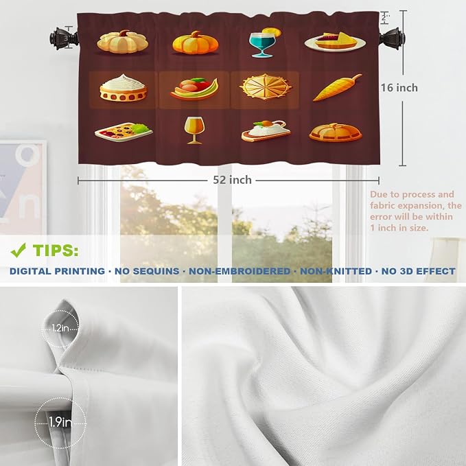 Shrahala Happy Thanksgiving Day Blackout Short Curtains for Windows, Pumpkin Turkey Bird Leaves Kitchen Valance Thermal Insulated Rod Pocket Window Treatment for Bathroom 2 Pack 52 X 16 in