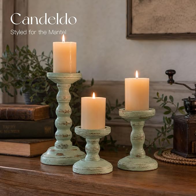 Candeldo Wooden Candle Holders Pillar: Sage Green Candlestick Holders Table Centerpiece Vintage Rustic Farmhouse Shabby Chic Decor for Fireplace Mantle