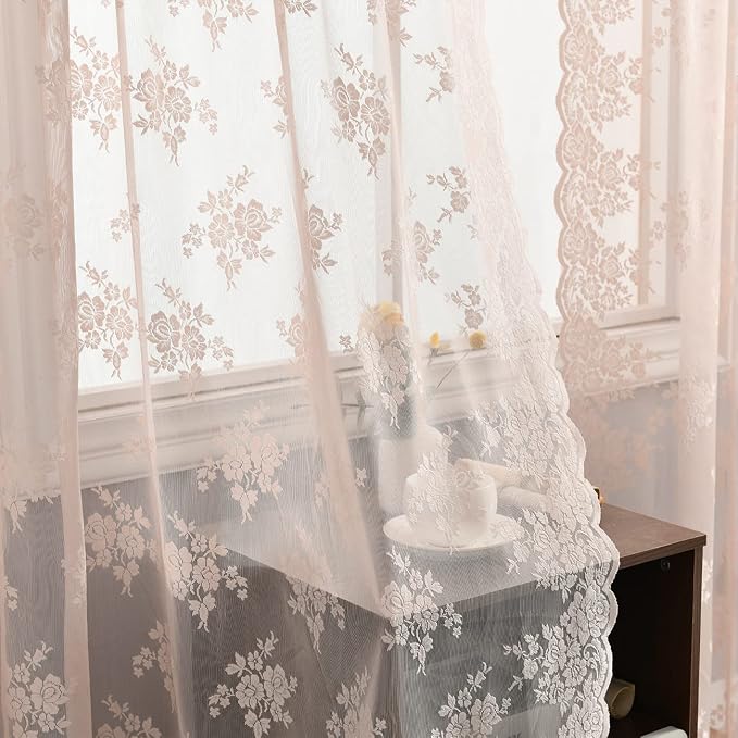 Kotile Pink Lace Curtains for Girls Bedroom - Rustic Vintage Floral Pattern Sheer Curtains 72 Inch Length, Privacy Rod Pocket Scalloped Lace Curtain for Windows, 52 x 72 Inch, 2 Panels, Blush Pink